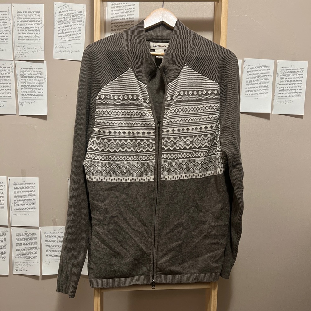 Ruff Hewn Full Zip Men's Brown Sweater with Boho print